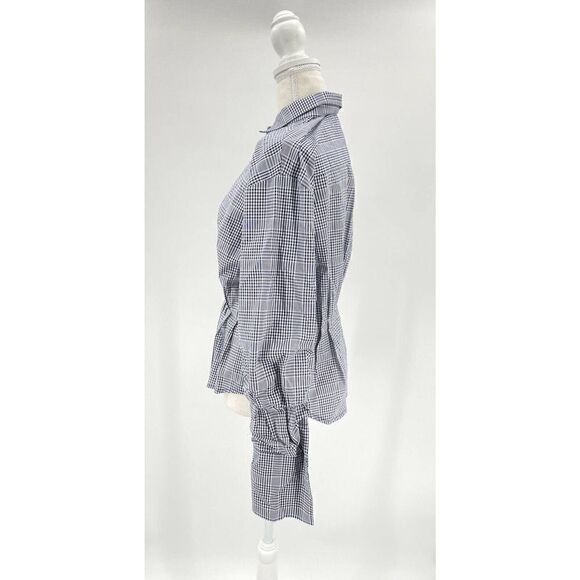 Pixie Market Blouse Sz M Blue Gingham Striped Collared Long Sleeve Ruched Peplum - Picture 3 of 7